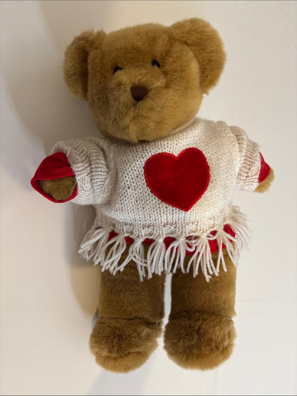 Build-A-Bear Brown Bear with White Sweater & Red Heart Christmas shirt
